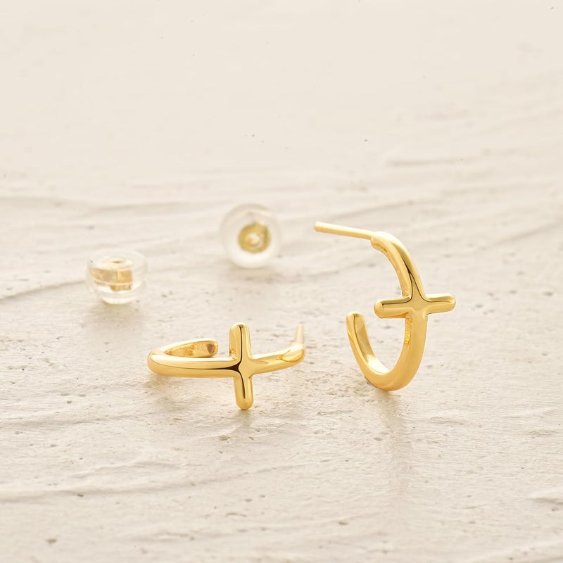 MYEARS Women Cross Hoop Earrings Gold 14K Small Simple Hypoallergenic Everyday Illusion Religious Jewelry - Image 5